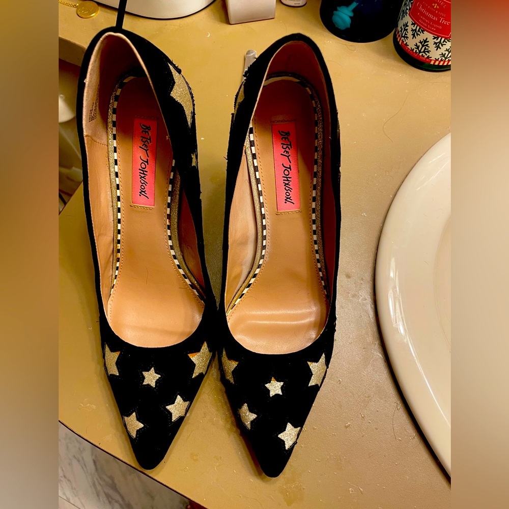 Rare Betsey Johnson suede and glitter star 4 inch heels